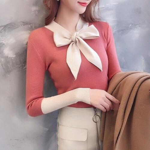 2020 Women V Neck Long Sleeve Knitted Pullover Sweater Stitching Sweater Bow Casual Sweater