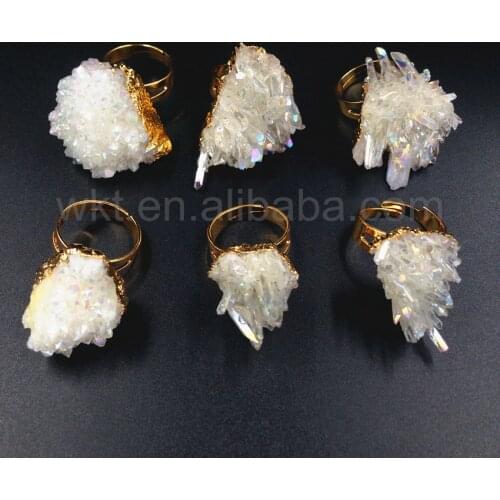 WT-R243 Wholesale ramdomly shape stone ring jewelry women fashion ring 10pcs gold color raw crystal angel quartz ring