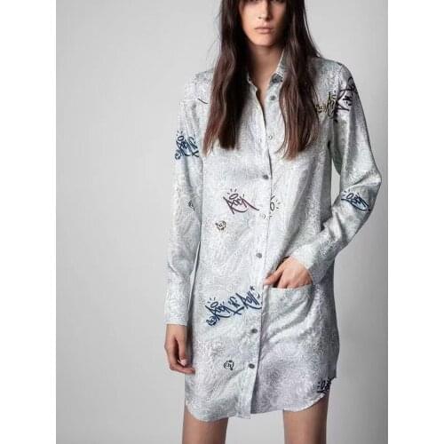 100% Silk Paisley Print Womens Shirt Dress Long Sleeve Single Breasted Vintage Ladies Turn-Down Collar Mini Robe 2021 New