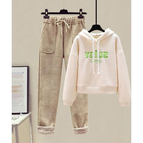 Winter Woolen Female Suit Plus Velvet Thickening Loose Korean Lamb Plush Hoodie Casual Trousers Women Two Piece Suits 2020 New