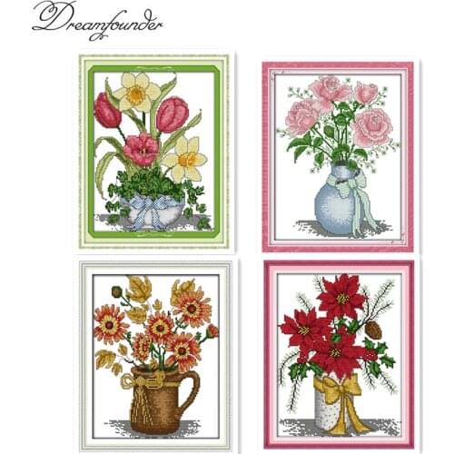 Winter vase cross stitch kit four season flower 18ct 14ct count print fabric canvas stitching embroidery DIY handmade needlework