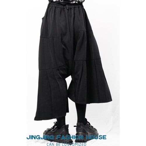 S-6XL!!2021 mens casual trousers wide leg culottes irregular asymmetric black pleated loose flared halon trousers