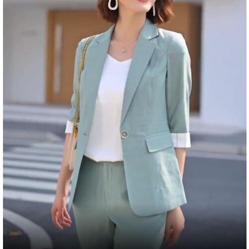 2021 Spring New Design Women Three Quarter Sleeve Solid Green Suit Coat Slim Blazer+Ankle-Length Pants 2 Piece Set Office Jacket