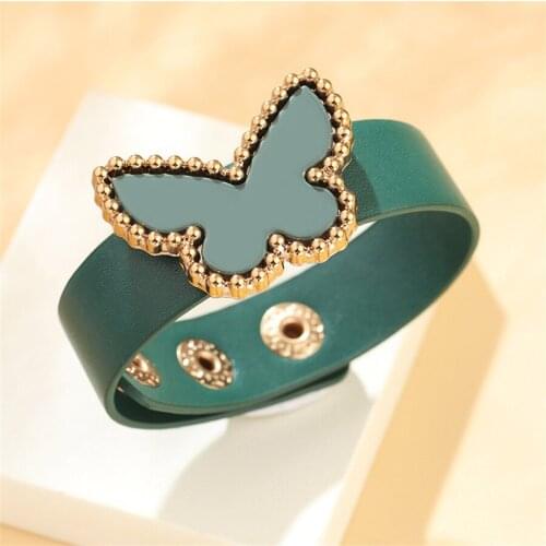 Acrylic Womens Bracelet Fashion Butterfly Pattern Adjustable Button Bracelet Leather Cuff Wrist Friendship Wide Bracelet