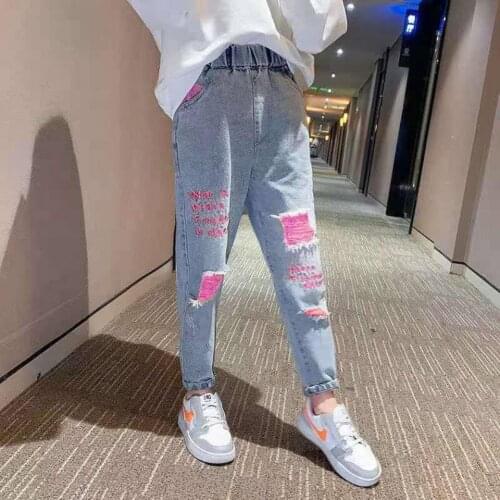 Baby Girl Tearing Jeans Pants 2021 Spring Summer Children Trousers 2-12Yrs Girls Jeans Letter Holes Casual Pants Jeans For Kids