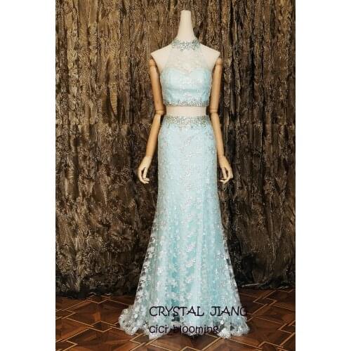 Two Pieces Long Dresses Sequins Lace Light Blue Formal Gown