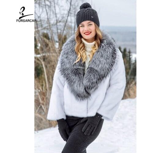 FURSARCAR 2020 Luxurious Women Winter Mink Fur Jacket With Fox Fur Collar Natural White Mink Real Fur Coat Fashion Outwear