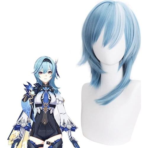 Game Genshin Impact Eula Cosplay Wig Blue Highlight Gradient White Wig Upturned Short Hair Women Girl Wigs Halloween Headwear