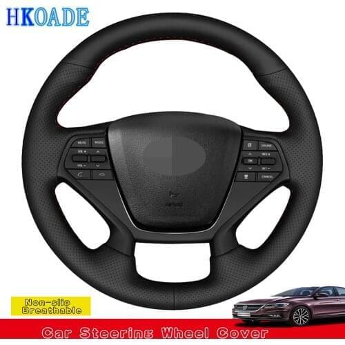 DIY Hand-stitched Black Artificial Leather Car Accessories Steering Wheel Cover For Hyundai Sonata 9 2015 2016 2017 (4-Spoke)