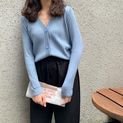 Simple Solid Vertical Stripe Knitted Cardigan V-neck Single Breasted Long Sleeve Crop Sweaters 2021 Autumn All-Match Chic Tops