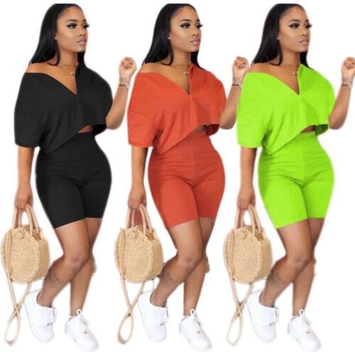 Plus Size Two Piece Set Women Clothes 2020 Casual Tracksuit Crop Top Biker Shorts Set Lounge Wear Matching Sets 2 Piece Outfits
