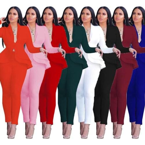 2021 Spring Hot Women Solid OL Two Piece Sets Fashion Ladys Elegant Ruffles Single Button Coats High Waist Skinny Pants Outfits