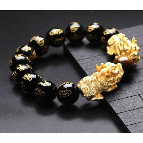Fashion Hand-Knitted Natural Black Agate Pixiu Beads Elastic Bracelets Bangle