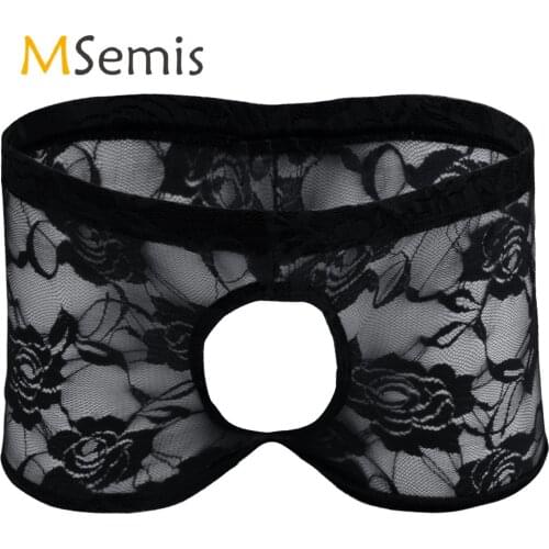Men Lingerie Open Crotch Underwear Semi-See Through Sheer Lace Shorts Open Butt Briefs Underpants