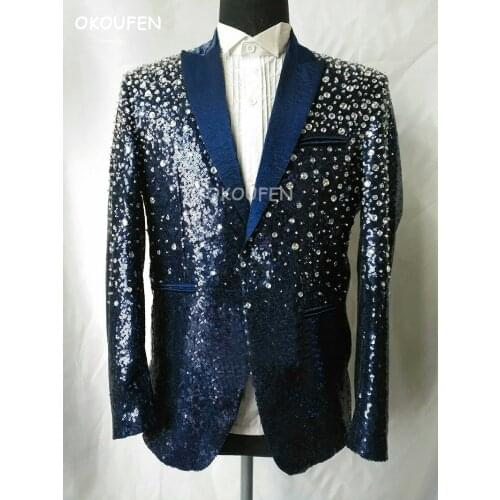 New Quality Mens Blue sequins crystal Suit hand-stitched drill show host grooms dress bar singer dancer stage wear