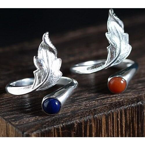 New solid S925 silver vintage craft 925 silver female ring lapis lazuli/agate Leaf woman ring adjustable