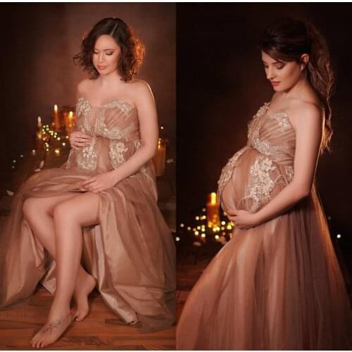 Champagne Maternity Dresses Tulle Appliqued Feather Boudoir Dress Wedding Sleepwear Bathrobes Nightgowns Gown Photo Shoot Props