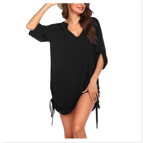 Beach Cover-ups Loose V Neck Pullover Solid Beach Shirts Pleated Bikini Swimsuit Cover-ups Summer Women Clothing