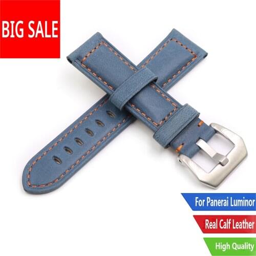 CARLYWET 22 24mm Watch Band Silver Brushed Buckle Sky Blue Real Leather Replacement Thick Vintage Wrist For Panerai Luminor