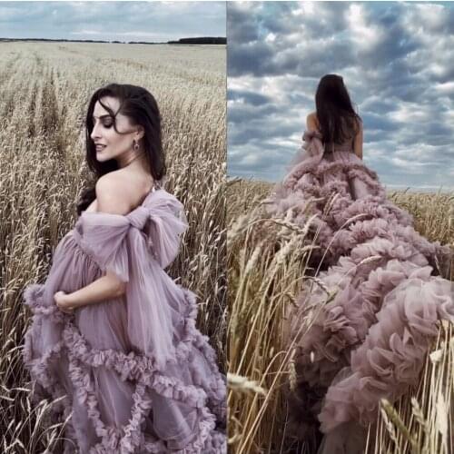 Luxury Ruffles Maternity Dresses V Neck Tulle Maternity Gown for Photoshoot Boudoir Lingerie Robe Bathrobe Nightwear Event Dress