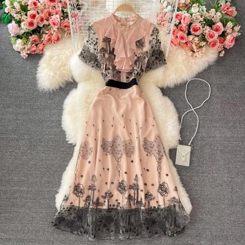 Temperament stand-up collar waist dress 2021 summer new style mesh embroidery banquet evening dress long skirt