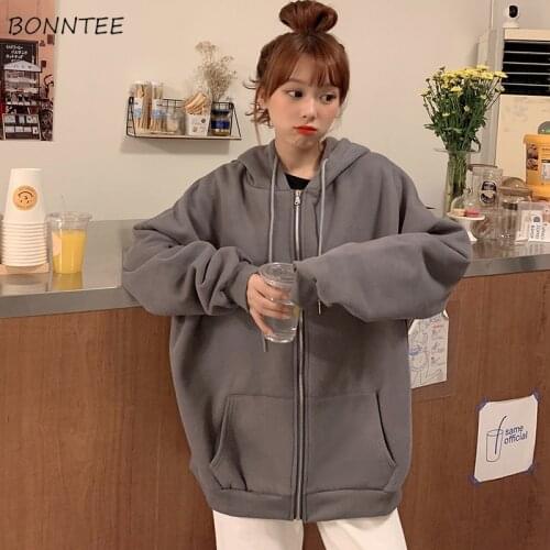 Sweatshirts Womens Simple All-match Fashion Comfortable Loose Zip-up Leisure Thicker Plus Velvet Ulzzang Vintage Winter Hoodies