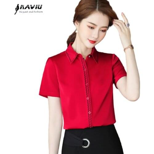 Red Shirt Women Short Sleeve 2021 Summer New Interview Formal Temperament Chiffon Blouses Office Ladies Work Tops White