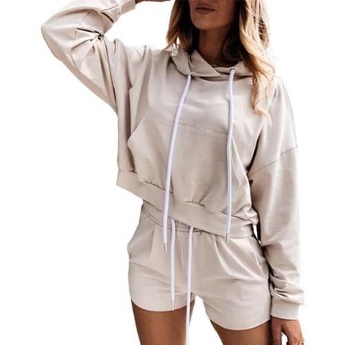 Women Long Sleeve Hoodie Sweatshirt Shorts Minipants Solid Color Sports Outfit