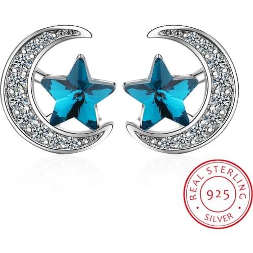 New 2020 Solid 925 Sterling Silver Blue Crystal Moon Stud Earrings For Women Trendy Small Exquisite Jewelry Bijoux