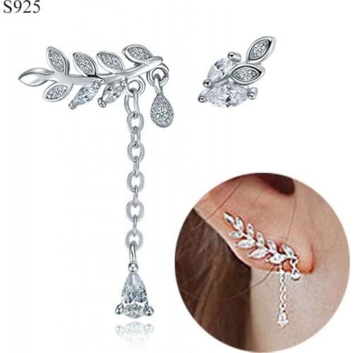 Genuine Real Pure Solid 925 Sterling Silver Dangle Drop Earrings for Women Fine Jewelry Leaf Asymmetric Cubic Zircon Ear Cuff