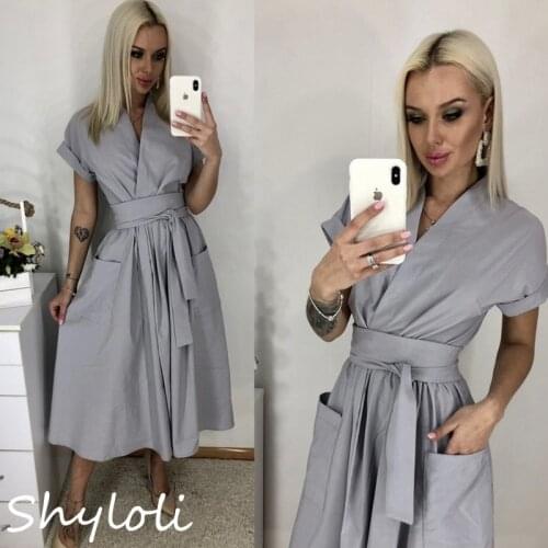 Office Lady Women Casual Sashes A-Line Dress Ladies Short Sleeve V-Neck Summer Dress 2021 Fashion Midi Party Dress Vestidos