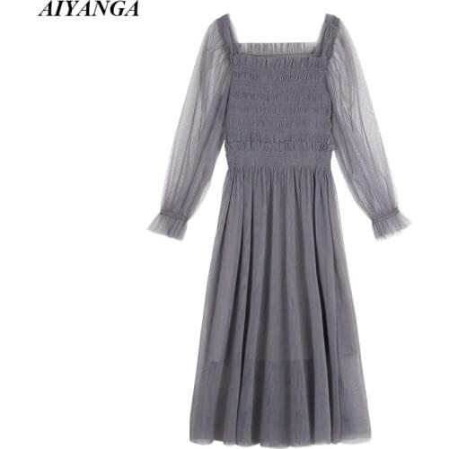 Mesh Dress For Women 2019 Spring Dress Perspective long Sleeve High Waist Dresses Sweet Elegant Ladies Medium long Dresses Gray