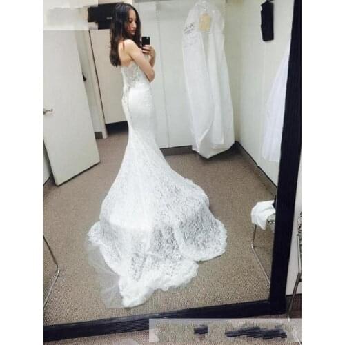E JUE SHUNG Sexy Full Lace Mermaid Wedding Dresses Strapless Neck Bridal Gowns Sleeveless Crystal vestido de noiva Wedding Gowns