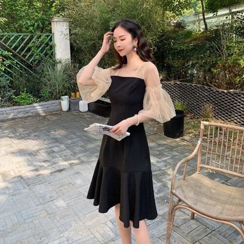 Summer 2021 Korean black A-LINE slim high waist with mesh stitched fishtail skirt for OL princess style fair maiden dress woman