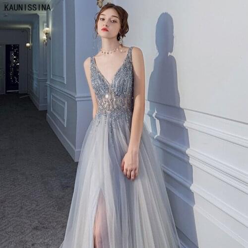 Beading Prom Dresses Long Deep V-Neck High Split Tulle Sleeveless Evening Gown A-Line Backless Sexy Party Dress Formal Vestidos