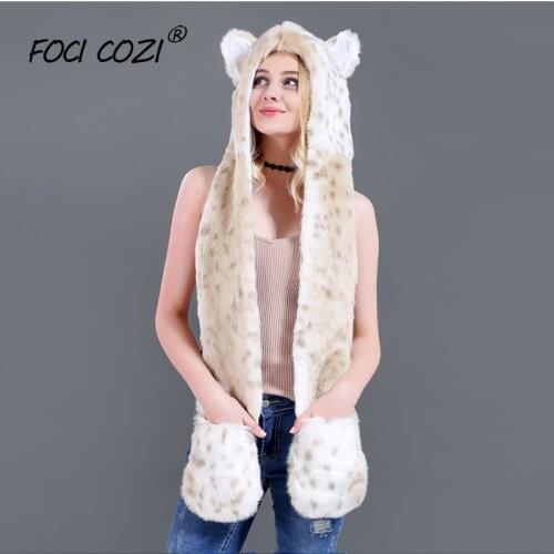Winter Faux Fur Hood Animal Hat Ear Flaps Hand Pockets 3in1 Animal Hood Hat Snow Leopard Plush Warm Animal Cap with Scarf Gloves