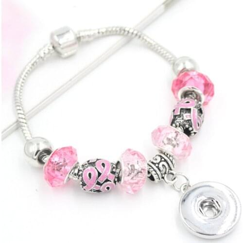 10PCS Wholesale DIY Breast Cancer Awareness 18mm Snap Jewelry Pink Ribbon Bead Snap Bracelets For women