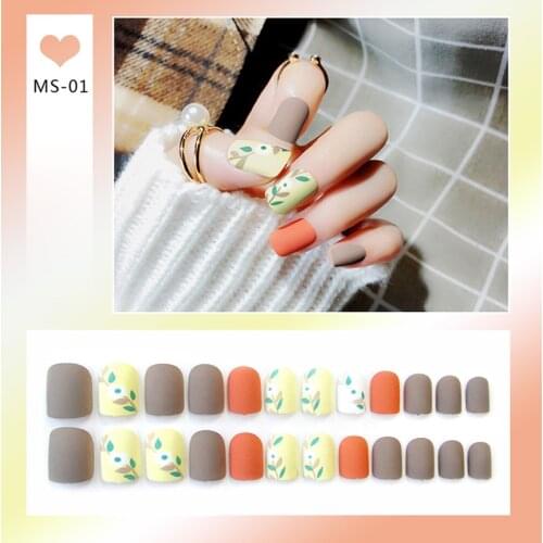 24pcs Matte False Nail Press On Nail With Glue Round Graffiti Fake Nail Manicure Nail Art Decoration Nail Art Tools