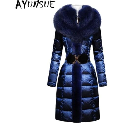 AYUNSUE Fashion Winter Down Jacket Women Fox Fur Collar Slim Warm Down Coat Female Long Parka Ladies Elegant Outwear Hooded 754