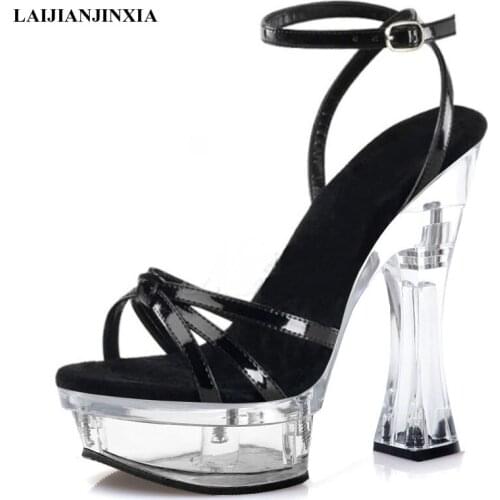New 6 inches Patent Leather Women Sandals 14 cm Super High Heeled Shoes Crystal Spool Heels Thick platform Open Toe Hollow Shoes