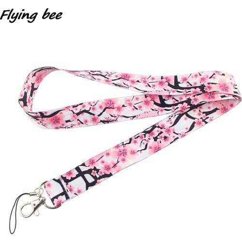 Flyingbee Beautiful Pink Cherry Blossom Painting Art Key Chain Lanyard Neck Strap For Phone Keys ID Card Creative Lanyards X1331
