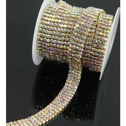 10Yards 4 Rows AB Rhinestone Trim Gold Silver Rose Golden Crystal Chain For DIY Crafts Accessories Decor