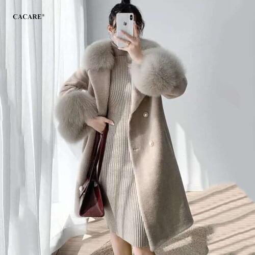 CACARE Long Wool Coat Jackets Women Warm Fashion Autumn Winter Coats Female with Takedown Fox Fur F0150 2 Colors
