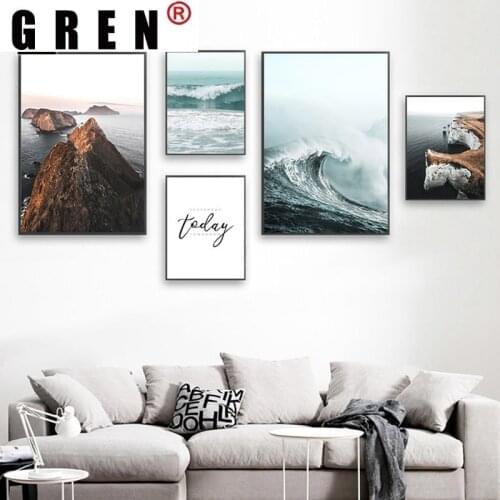 GREN Nordic Mountain Sea Waves Landscape Canvas Painting Wall Art Print Poster Picture Modern Living Room Home Decor