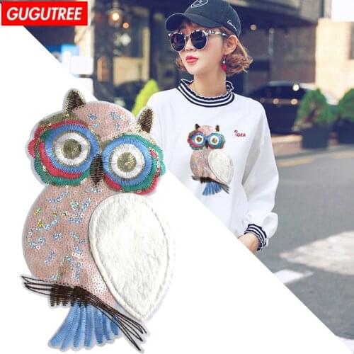 GUGUTREE chenille embroidery paillette big patches owl patches animal patches badges patches for jackets