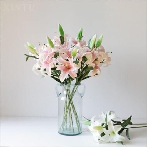 Home improvement artificial flower Wedding decorations fake greenish lily flower PU material 3 flower heads
