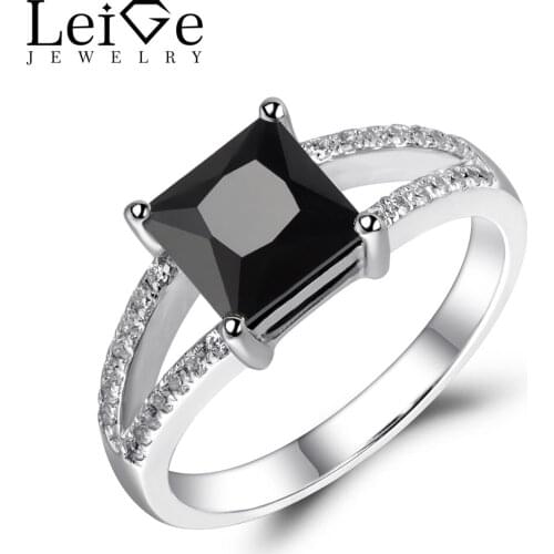 Leige Jewelry Natural Black Spinel Ring Princess Cut Black Engagement Wedding Rings for Women Fine 925 Sterling Silver Jewelry