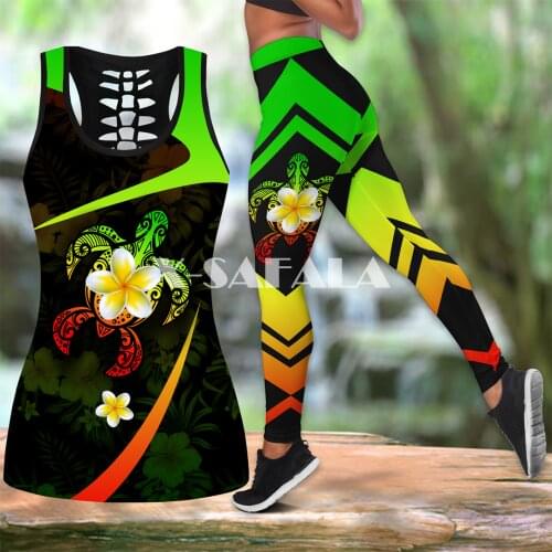 Polynesian Hawaii Turtle FlowerTwo Piece Yoga Set Women 3D Print Vest Hollow Out Tank Top High Waist Legging Summer Casual Sport