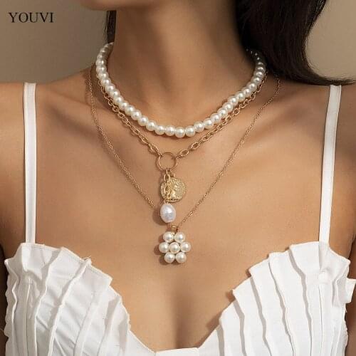 YOUVI 3PCS Necklace Set for Women Korean Fashion Vintage Pearl Necklace Gothic Accessories Womens Neck Chain Wholesale Items