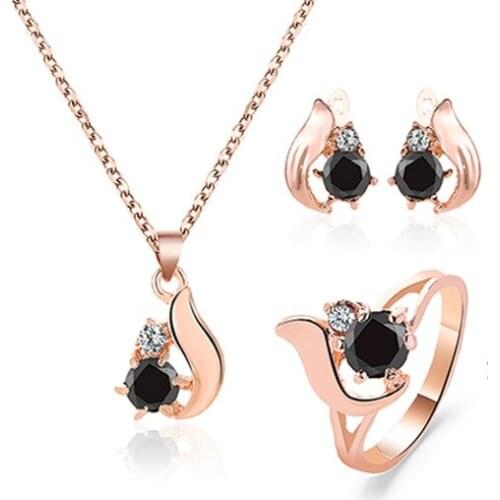 Female Obsidian Water Drop Rings Necklace Earrings Set Vintage Simple Stone Metal Pendant Necklaces Jewelry Set Accessories